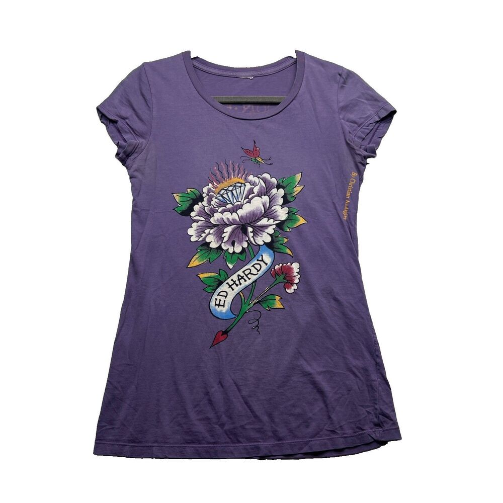 Y2K Ed Hardy Christian Audigier Diamond Flower Floral Round Neck Tee Purple Sz S